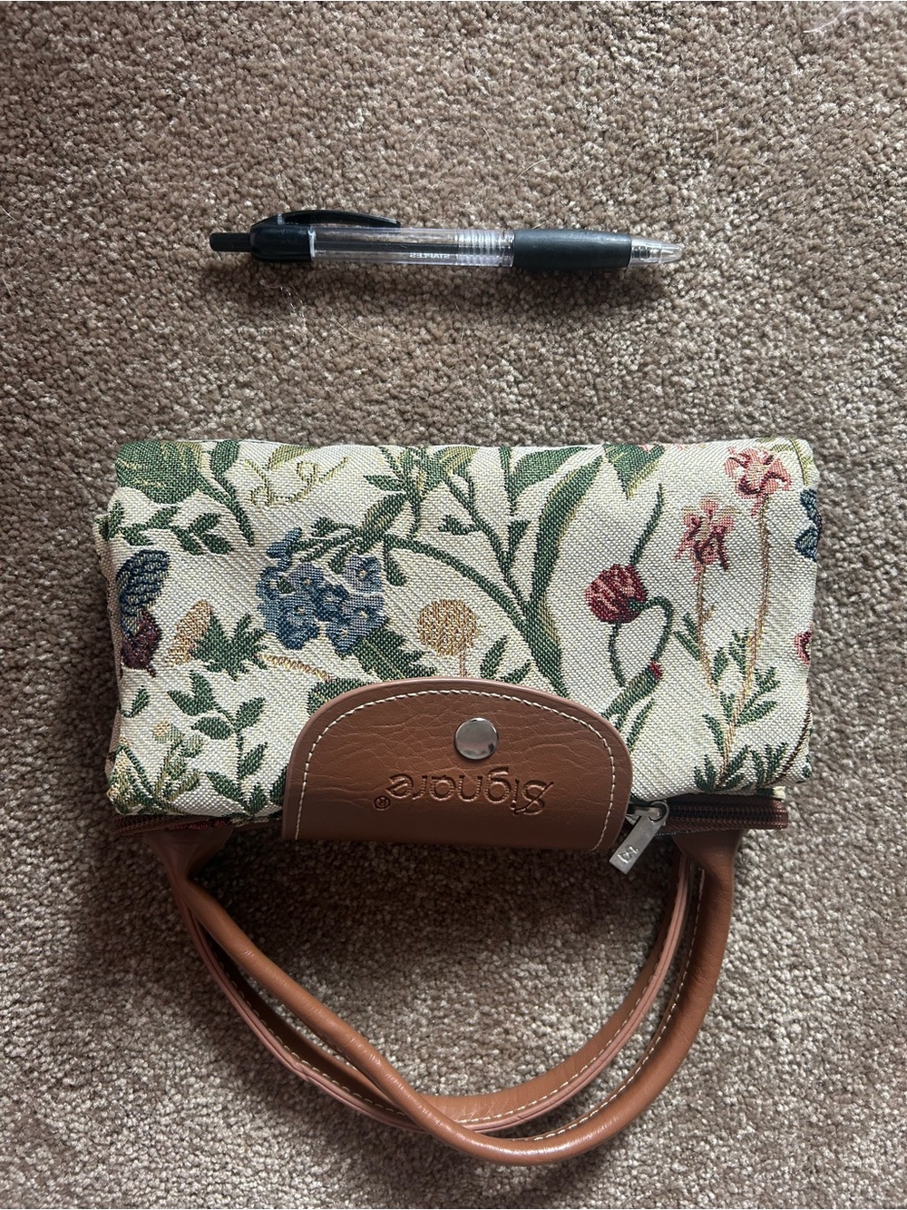 Floral Tapestry Tote with Brown Leather Handles - Picture 4 of 4